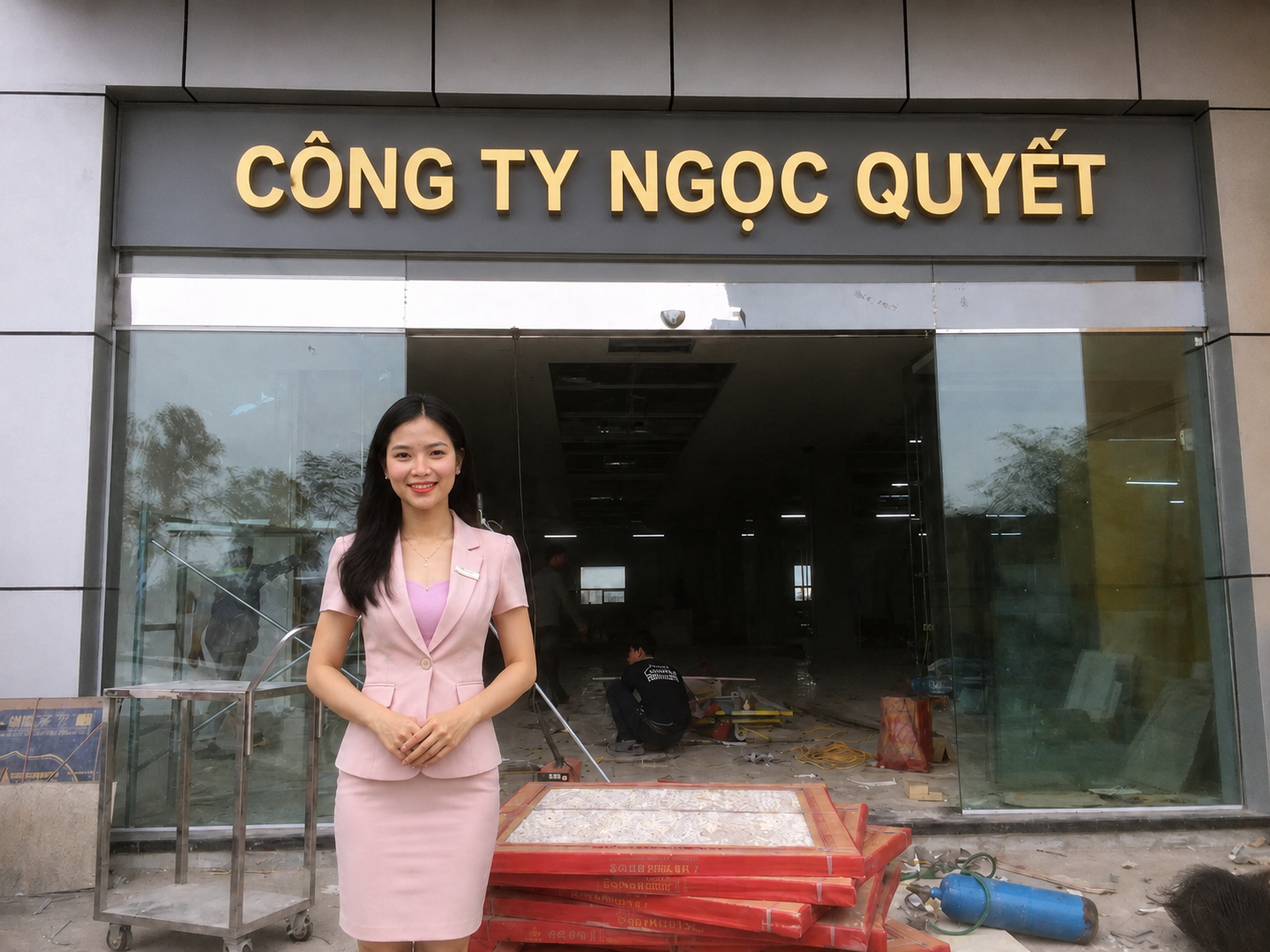 Nhân viên nữ mặc vest hồng đứng trước trụ sở công ty Ngọc Quyết đang thi công sửa chữa